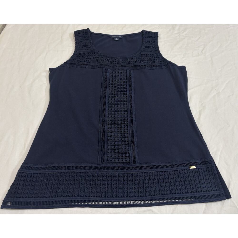 Navy Blue Tank Top Crochet Lace Wide Strap Coastal Layering Career Office Size M